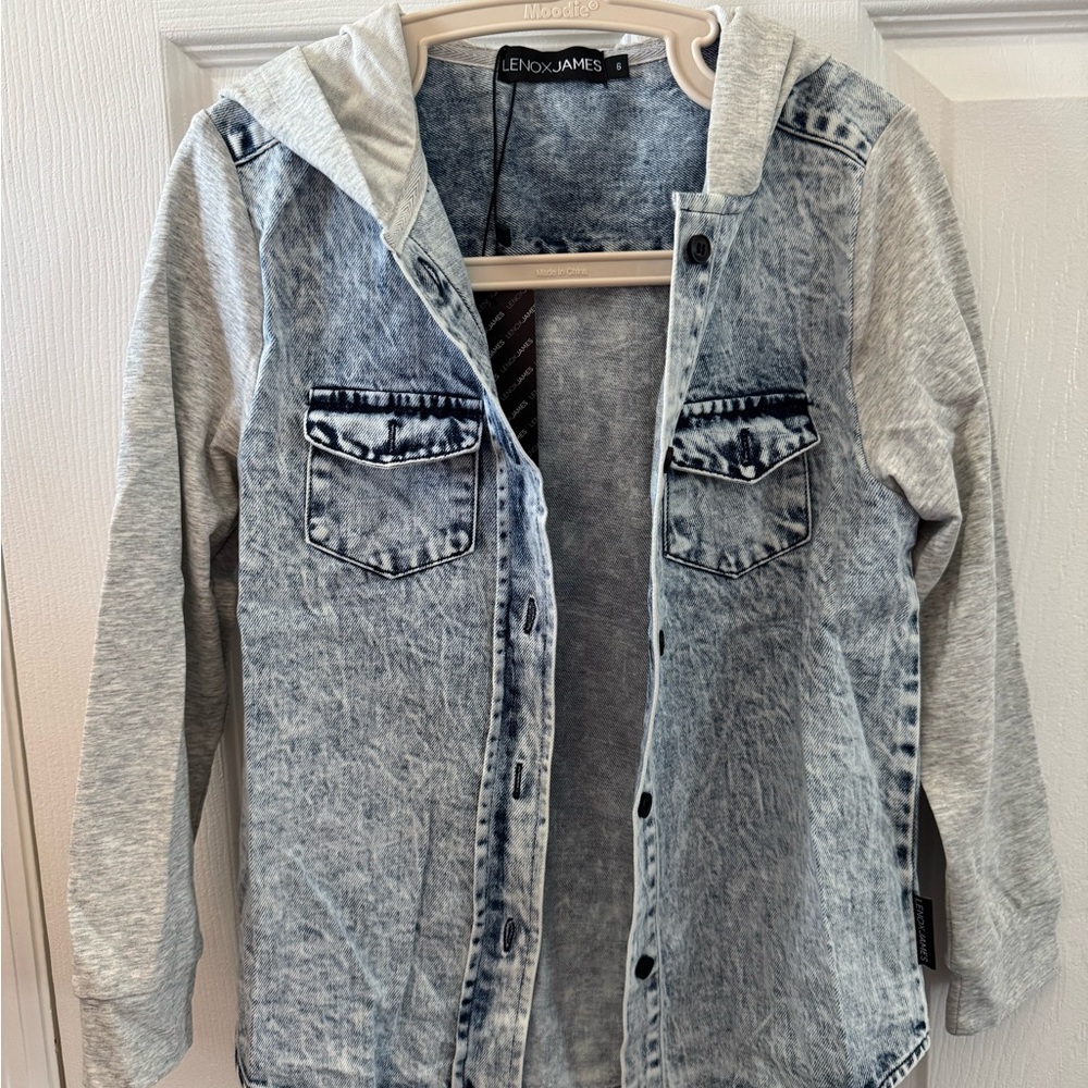 Light Wash Denim Hoodie Jacket - Grey Sleeves